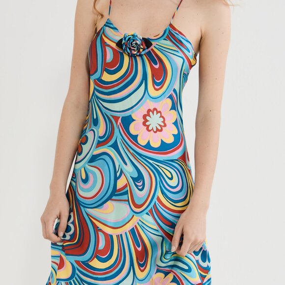 RODARTE PRINTED BIAS MINI SLIP DRESS IN AQUA - Picture 4 of 6